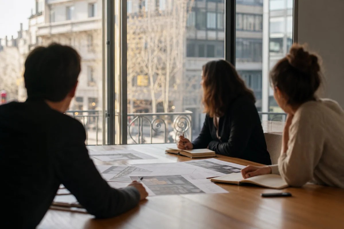 Équipe commerciale réunie autour d'une table de travail à contre-jour